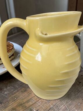 MCM Yellow Ringware Ceramic  Syrup Pitcher No Drip copywrite